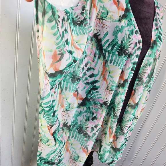 Nina Leonard Top Womens Open Front Sheer Tropical Floral Green Blouse Cover OS - Picture 4 of 10